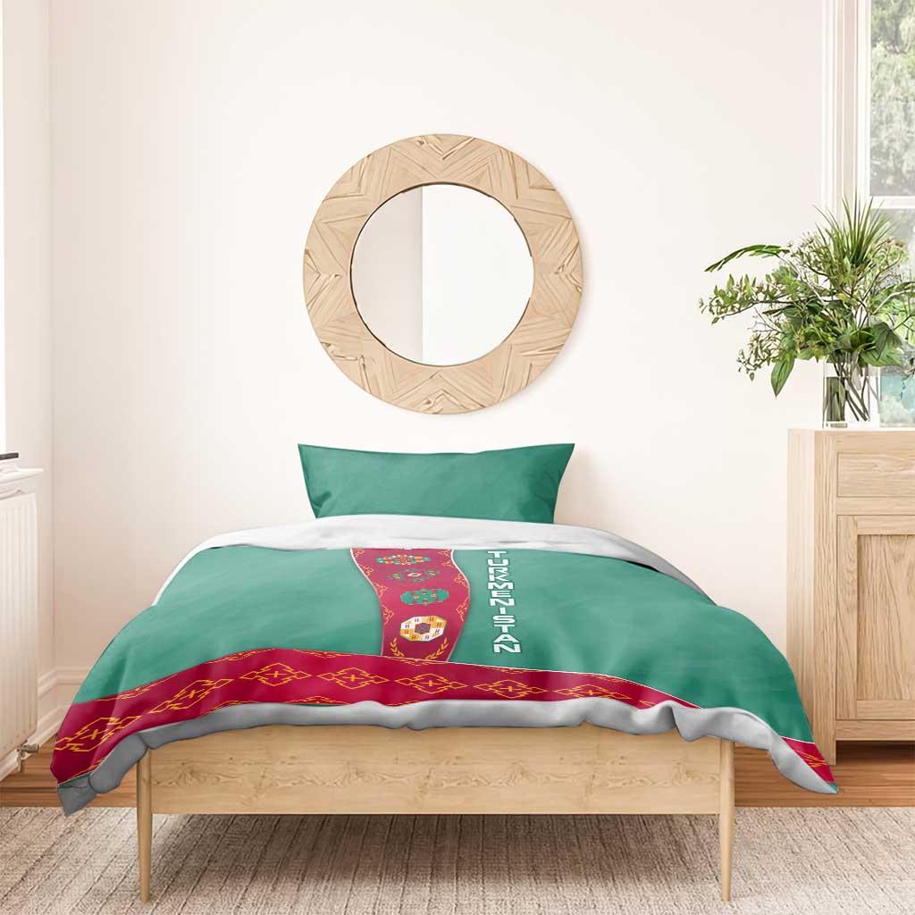 Turkmenistan National Symbols Bedding Set with Crescent Moon, Stars, and Traditional Carpet Pattern Design