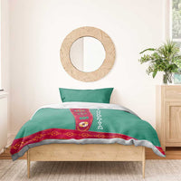 Turkmenistan National Symbols Bedding Set with Crescent Moon, Stars, and Traditional Carpet Pattern Design