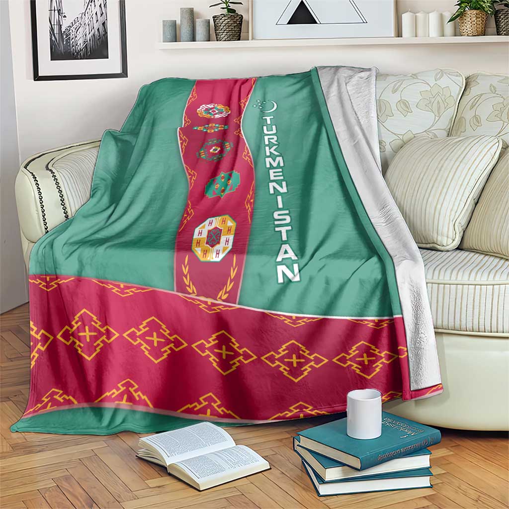 Turkmenistan National Symbols Blanket with Crescent Moon, Stars, and Traditional Carpet Pattern Design