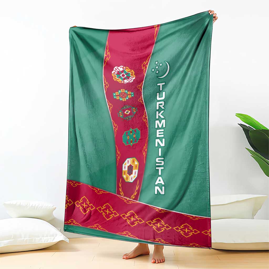 Turkmenistan National Symbols Blanket with Crescent Moon, Stars, and Traditional Carpet Pattern Design