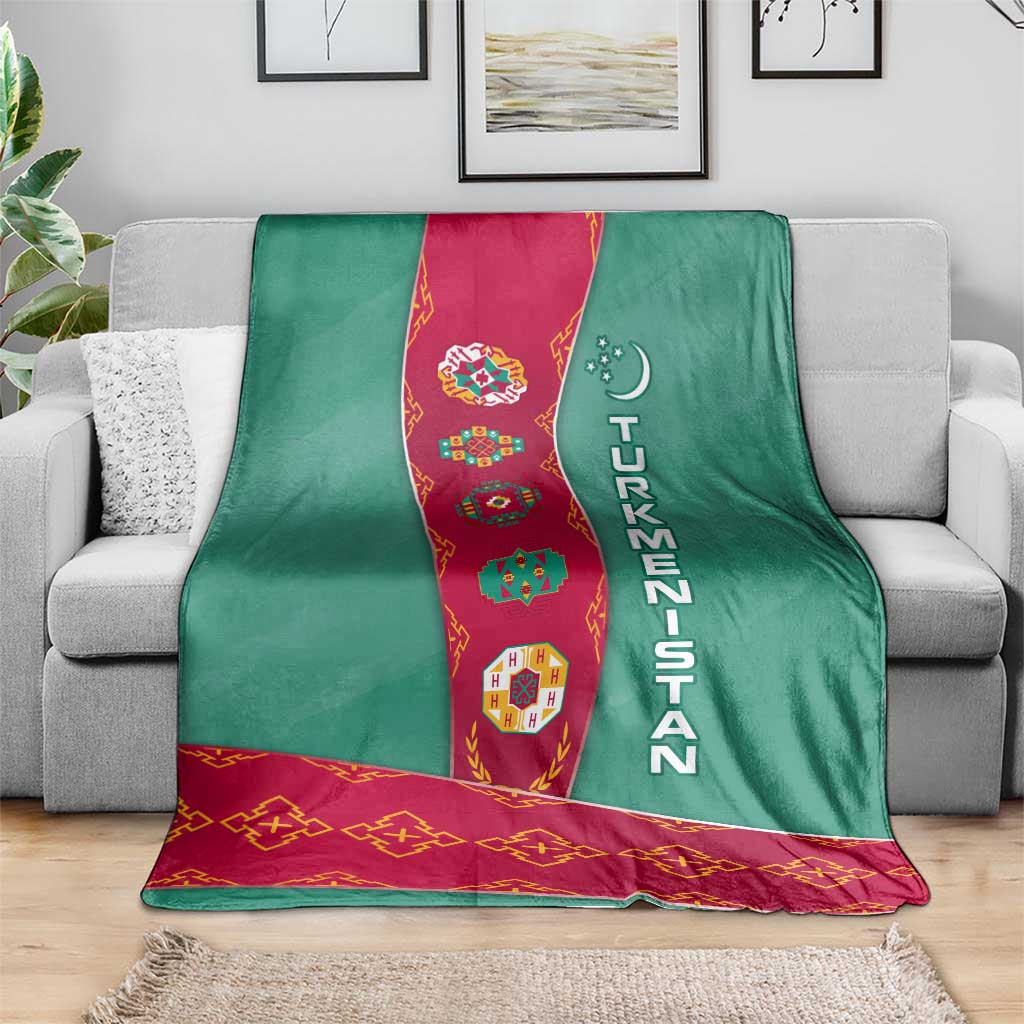Turkmenistan National Symbols Blanket with Crescent Moon, Stars, and Traditional Carpet Pattern Design