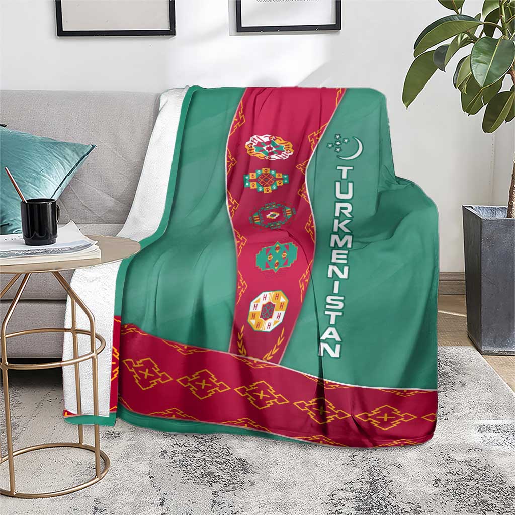 Turkmenistan National Symbols Blanket with Crescent Moon, Stars, and Traditional Carpet Pattern Design