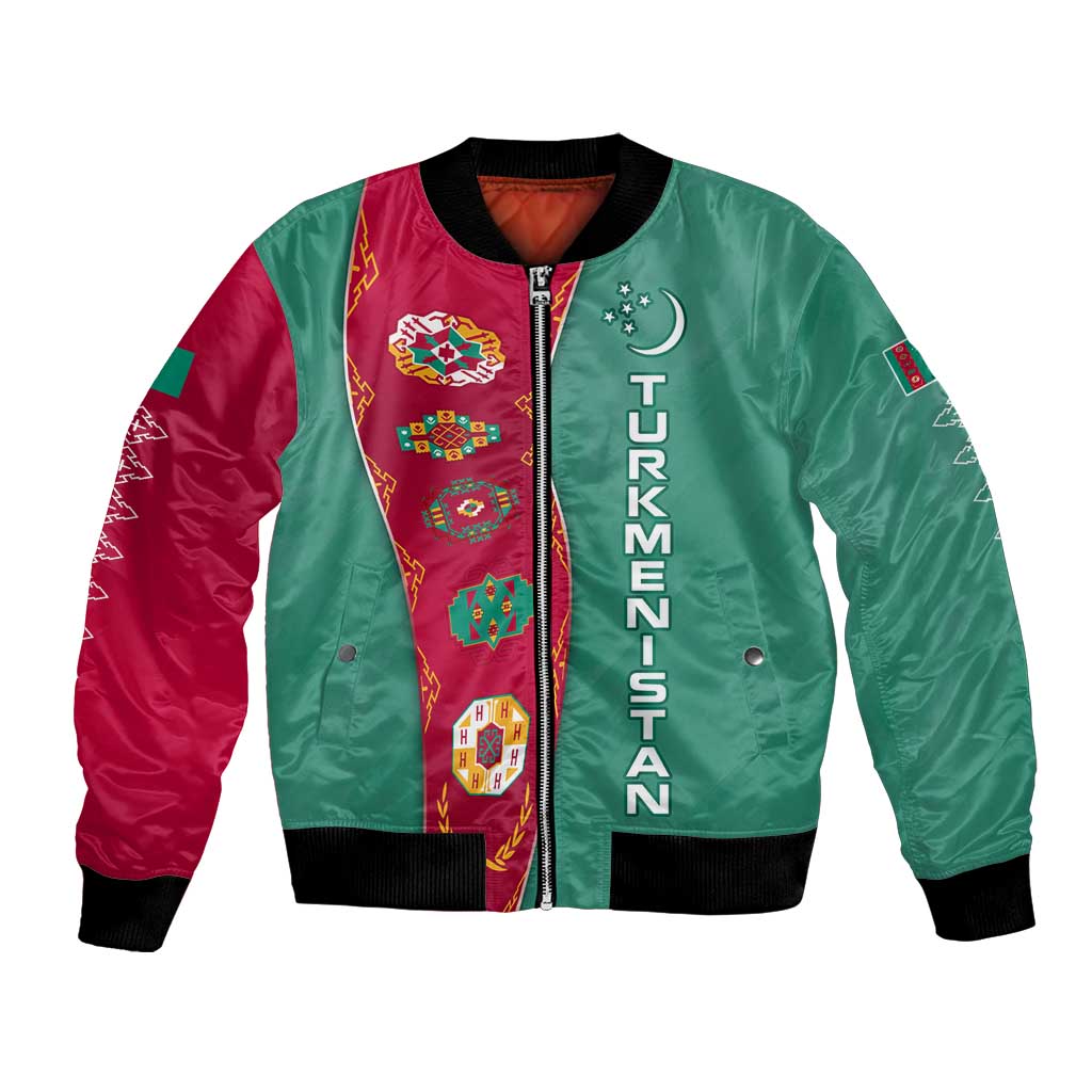 Turkmenistan National Symbols Bomber Jacket with Crescent Moon, Stars, and Traditional Carpet Pattern Design