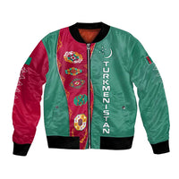 Turkmenistan National Symbols Bomber Jacket with Crescent Moon, Stars, and Traditional Carpet Pattern Design