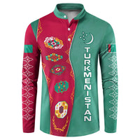 Turkmenistan National Symbols Button Sweatshirt with Crescent Moon, Stars, and Traditional Carpet Pattern Design