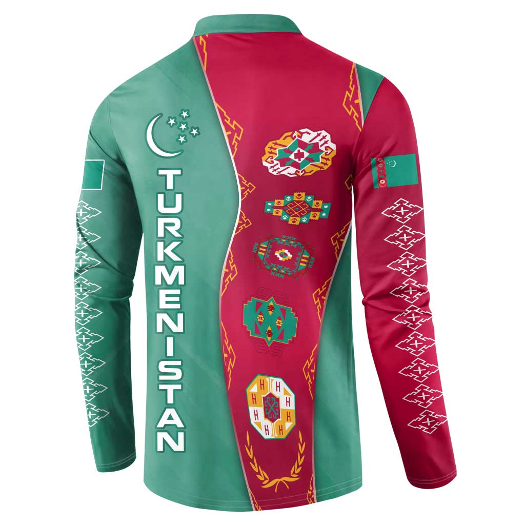 Turkmenistan National Symbols Button Sweatshirt with Crescent Moon, Stars, and Traditional Carpet Pattern Design