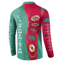 Turkmenistan National Symbols Button Sweatshirt with Crescent Moon, Stars, and Traditional Carpet Pattern Design