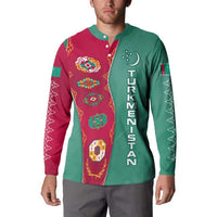 Turkmenistan National Symbols Button Sweatshirt with Crescent Moon, Stars, and Traditional Carpet Pattern Design