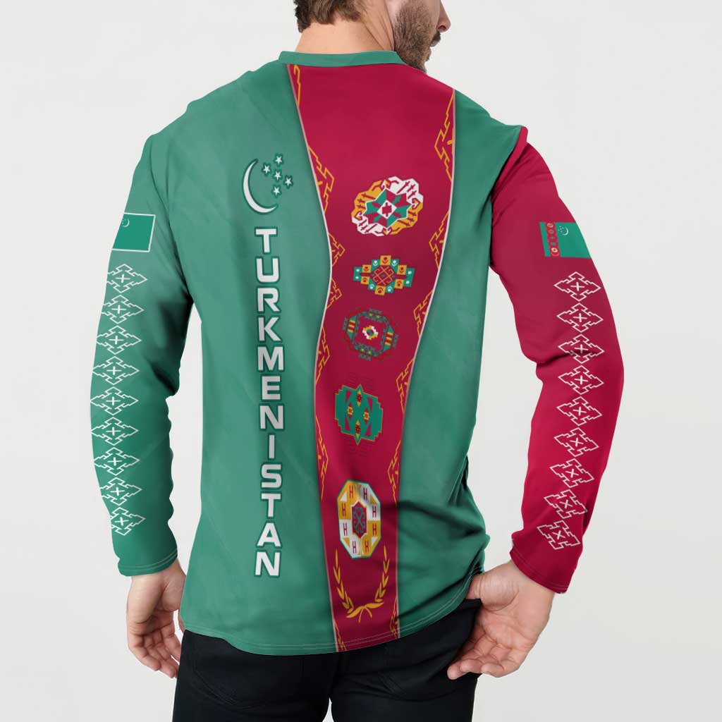 Turkmenistan National Symbols Button Sweatshirt with Crescent Moon, Stars, and Traditional Carpet Pattern Design