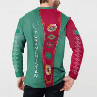 Turkmenistan National Symbols Button Sweatshirt with Crescent Moon, Stars, and Traditional Carpet Pattern Design