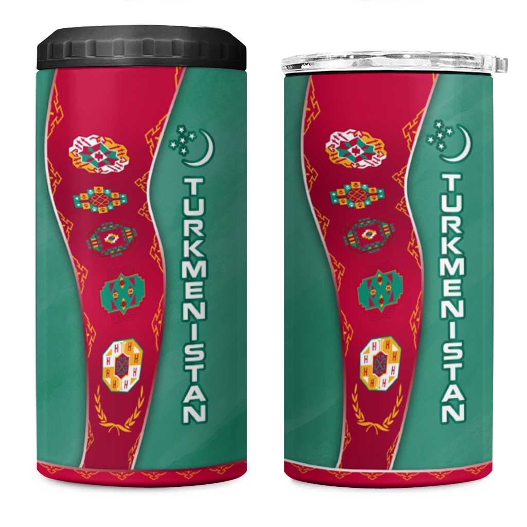 Turkmenistan National Symbols 4 in 1 Can Cooler Tumbler with Crescent Moon, Stars, and Traditional Carpet Pattern Design