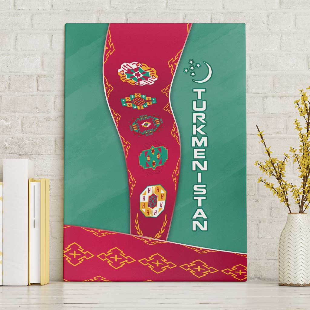 Turkmenistan National Symbols Canvas Wall Art with Crescent Moon, Stars, and Traditional Carpet Pattern Design