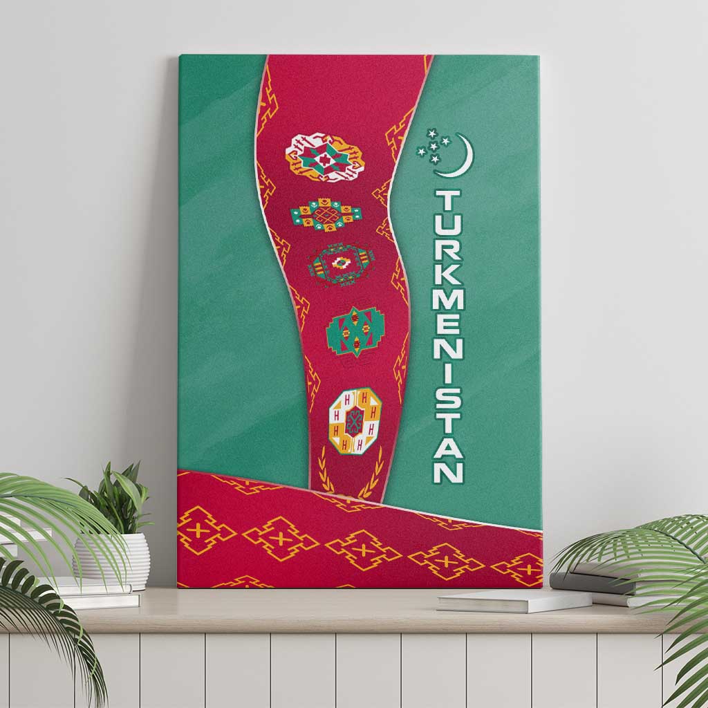 Turkmenistan National Symbols Canvas Wall Art with Crescent Moon, Stars, and Traditional Carpet Pattern Design