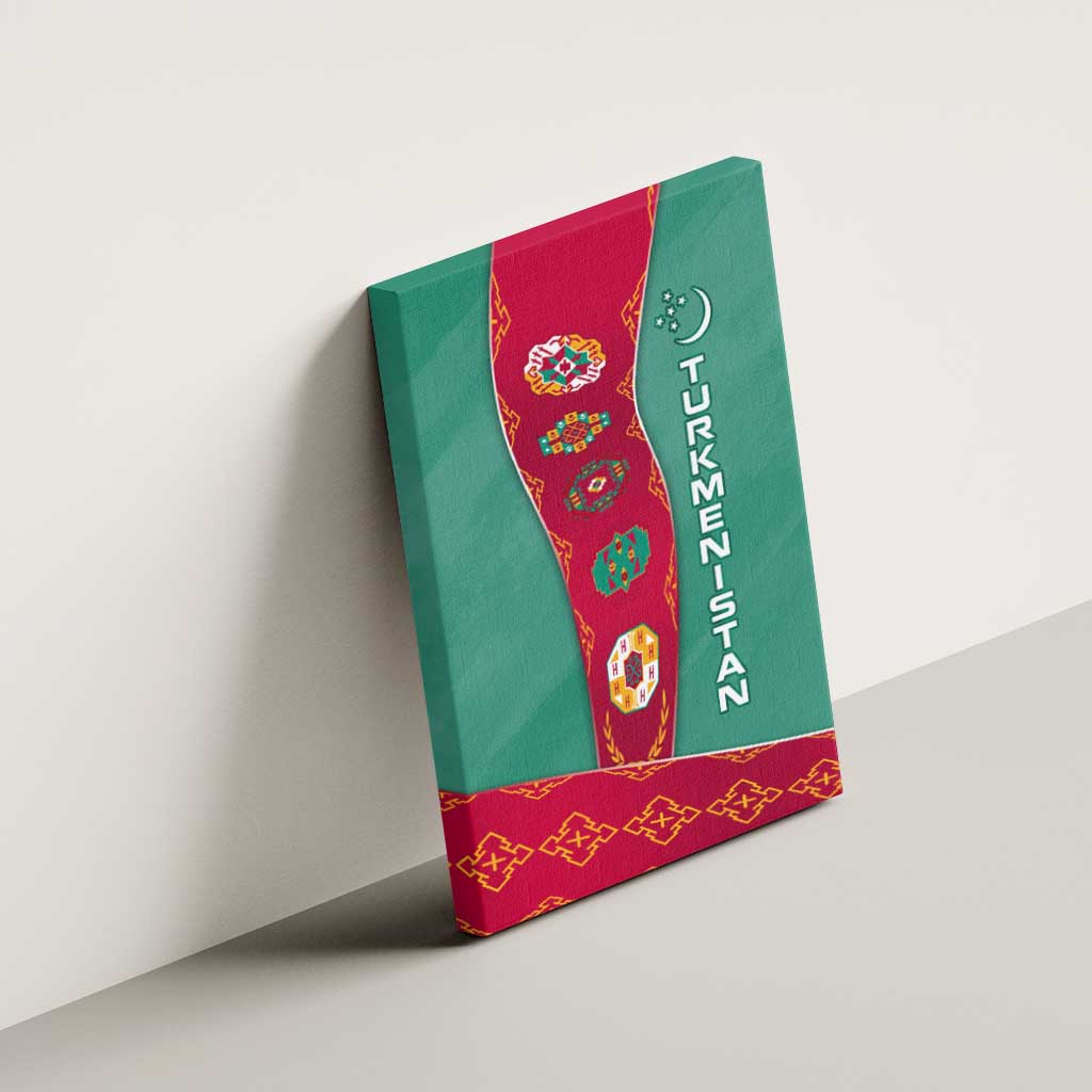 Turkmenistan National Symbols Canvas Wall Art with Crescent Moon, Stars, and Traditional Carpet Pattern Design