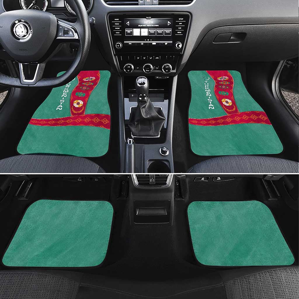 Turkmenistan National Symbols Car Mats with Crescent Moon, Stars, and Traditional Carpet Pattern Design