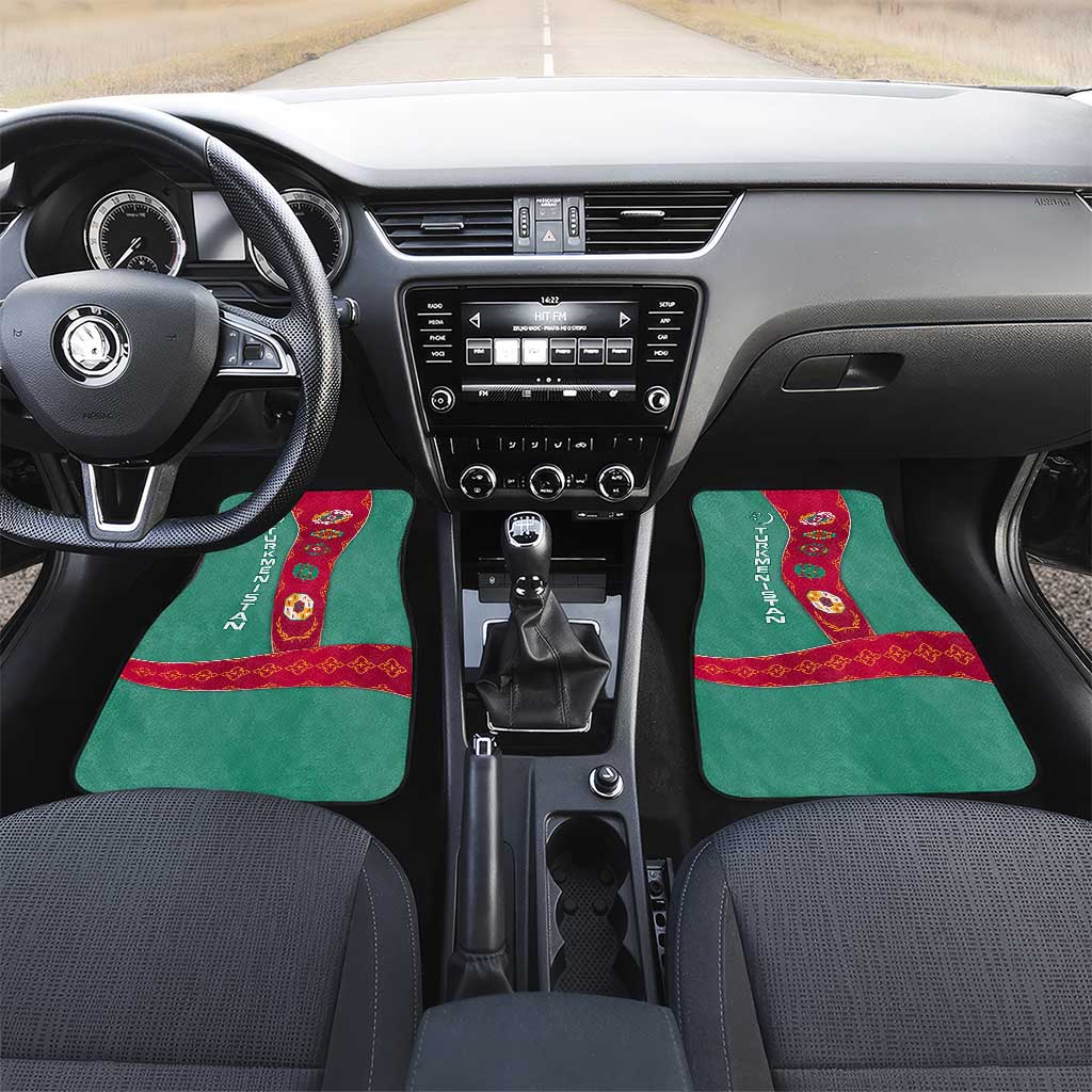 Turkmenistan National Symbols Car Mats with Crescent Moon, Stars, and Traditional Carpet Pattern Design
