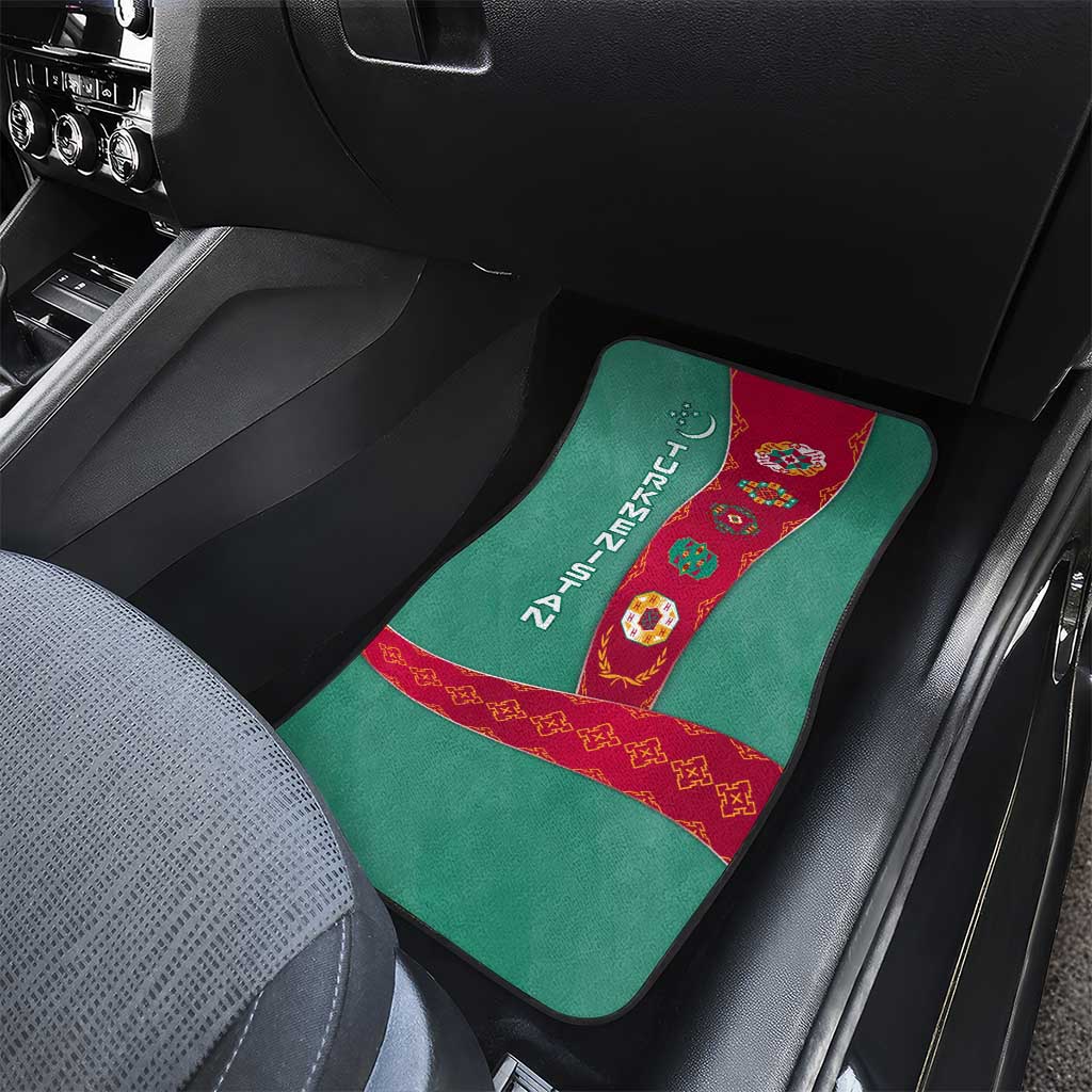 Turkmenistan National Symbols Car Mats with Crescent Moon, Stars, and Traditional Carpet Pattern Design