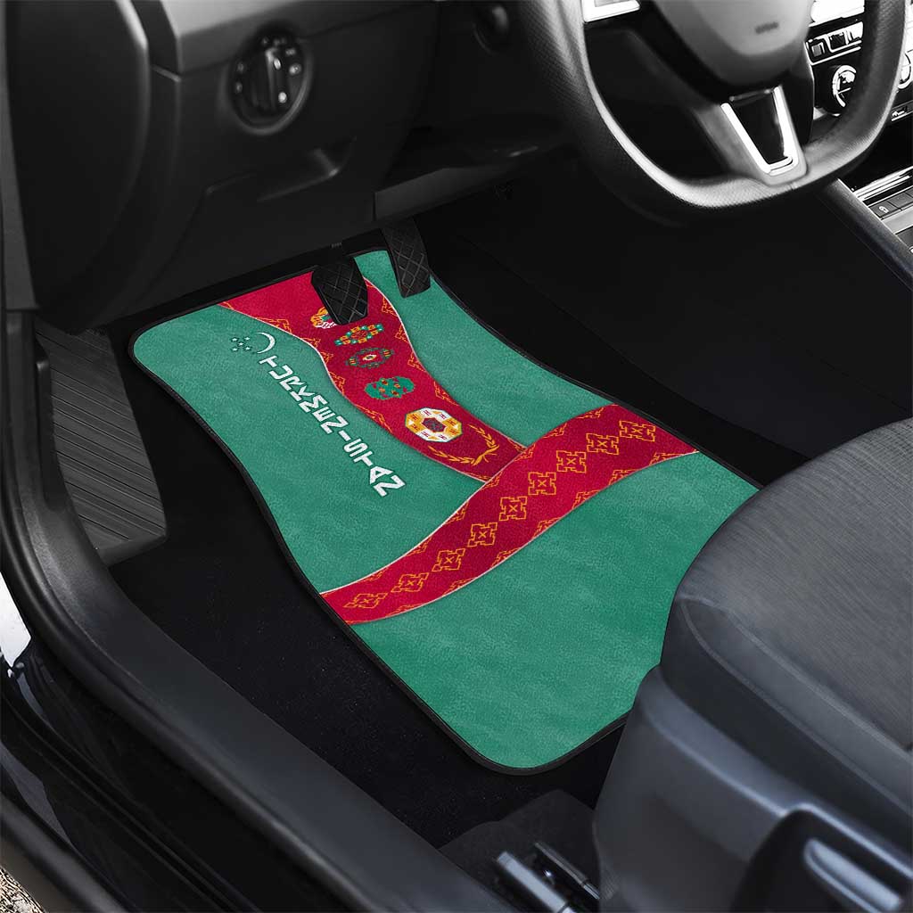 Turkmenistan National Symbols Car Mats with Crescent Moon, Stars, and Traditional Carpet Pattern Design