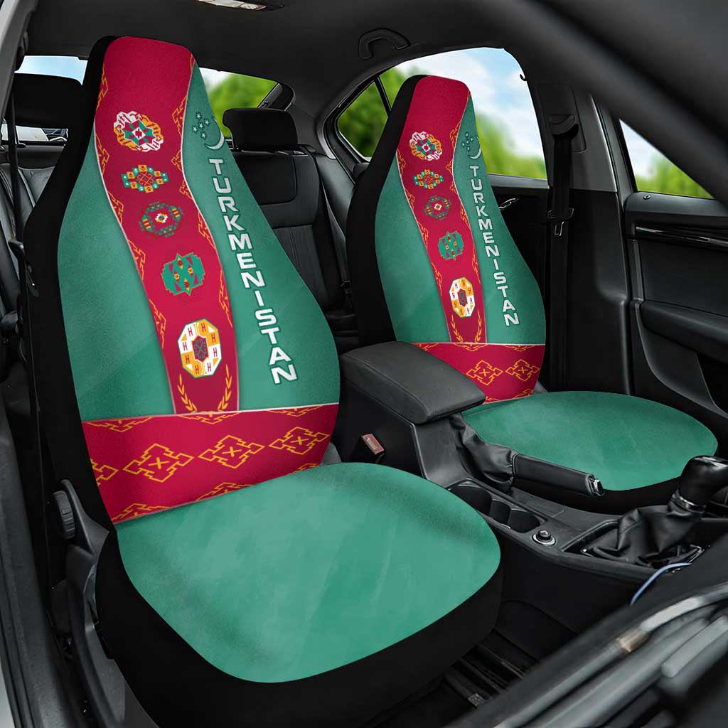 Turkmenistan National Symbols Car Seat Cover with Crescent Moon, Stars, and Traditional Carpet Pattern Design