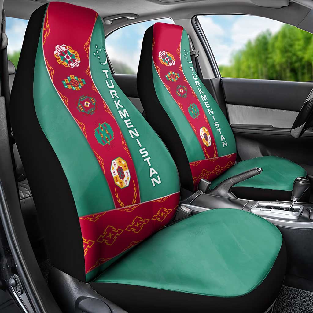 Turkmenistan National Symbols Car Seat Cover with Crescent Moon, Stars, and Traditional Carpet Pattern Design