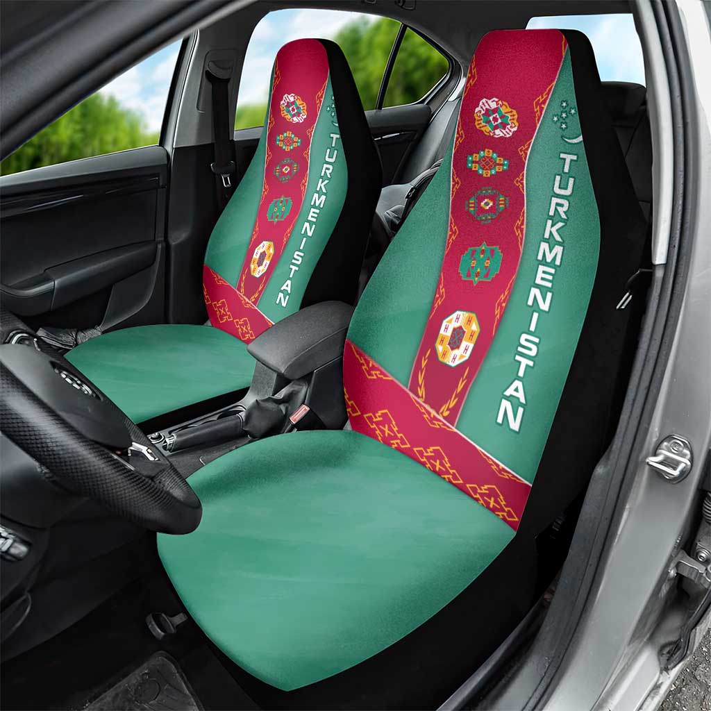 Turkmenistan National Symbols Car Seat Cover with Crescent Moon, Stars, and Traditional Carpet Pattern Design