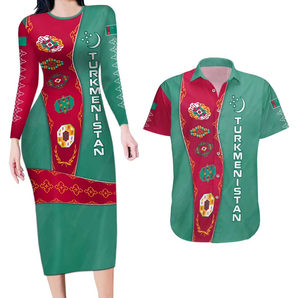Turkmenistan National Symbols Couples Matching Long Sleeve Bodycon Dress and Hawaiian Shirt with Crescent Moon, Stars, and Traditional Carpet Pattern Design