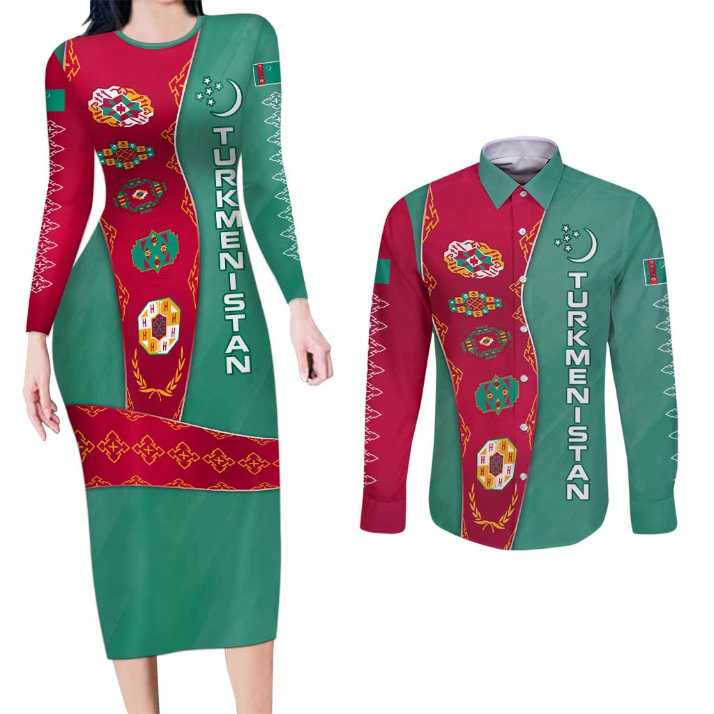Turkmenistan National Symbols Couples Matching Long Sleeve Bodycon Dress and Long Sleeve Button Shirt with Crescent Moon, Stars, and Traditional Carpet Pattern Design
