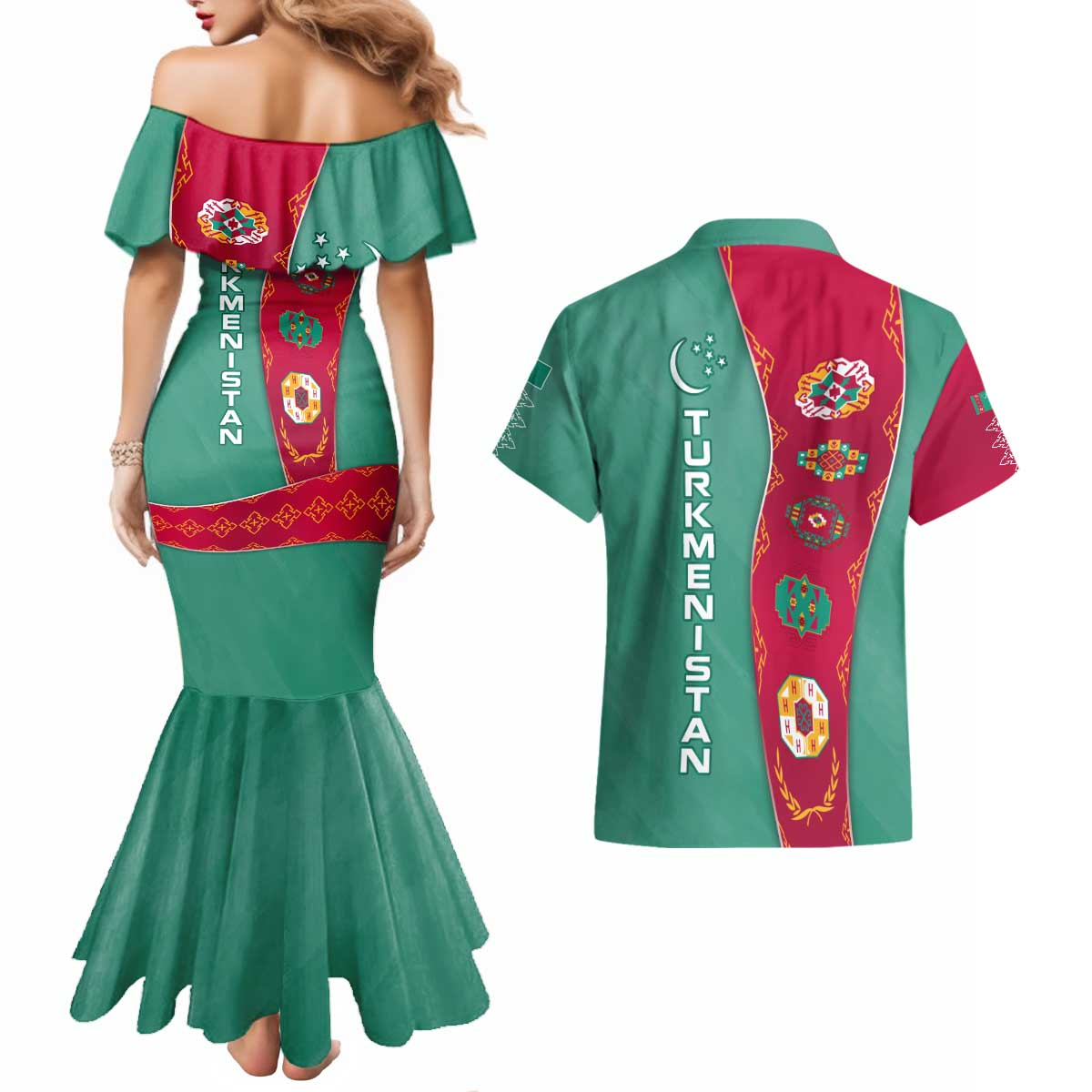 Turkmenistan National Symbols Couples Matching Mermaid Dress and Hawaiian Shirt with Crescent Moon, Stars, and Traditional Carpet Pattern Design