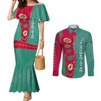 Turkmenistan National Symbols Couples Matching Mermaid Dress and Long Sleeve Button Shirt with Crescent Moon, Stars, and Traditional Carpet Pattern Design