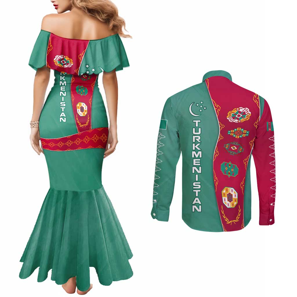Turkmenistan National Symbols Couples Matching Mermaid Dress and Long Sleeve Button Shirt with Crescent Moon, Stars, and Traditional Carpet Pattern Design