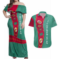 Turkmenistan National Symbols Couples Matching Off Shoulder Maxi Dress and Hawaiian Shirt with Crescent Moon, Stars, and Traditional Carpet Pattern Design