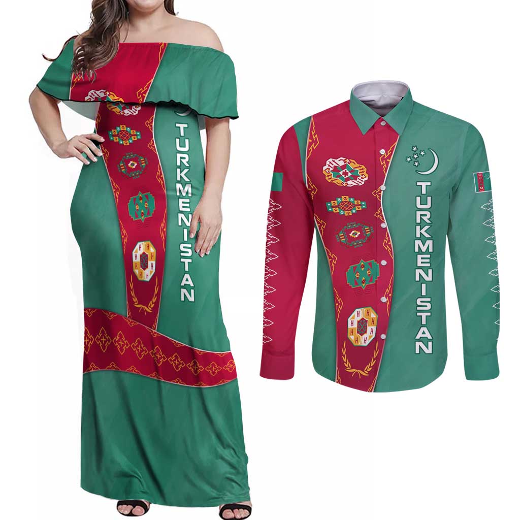 Turkmenistan National Symbols Couples Matching Off Shoulder Maxi Dress and Long Sleeve Button Shirt with Crescent Moon, Stars, and Traditional Carpet Pattern Design
