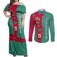 Turkmenistan National Symbols Couples Matching Off Shoulder Maxi Dress and Long Sleeve Button Shirt with Crescent Moon, Stars, and Traditional Carpet Pattern Design