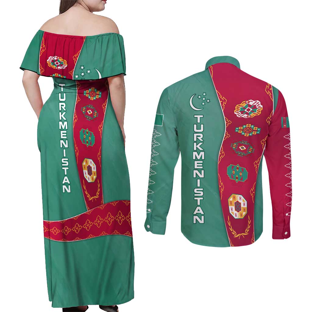 Turkmenistan National Symbols Couples Matching Off Shoulder Maxi Dress and Long Sleeve Button Shirt with Crescent Moon, Stars, and Traditional Carpet Pattern Design