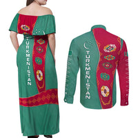 Turkmenistan National Symbols Couples Matching Off Shoulder Maxi Dress and Long Sleeve Button Shirt with Crescent Moon, Stars, and Traditional Carpet Pattern Design