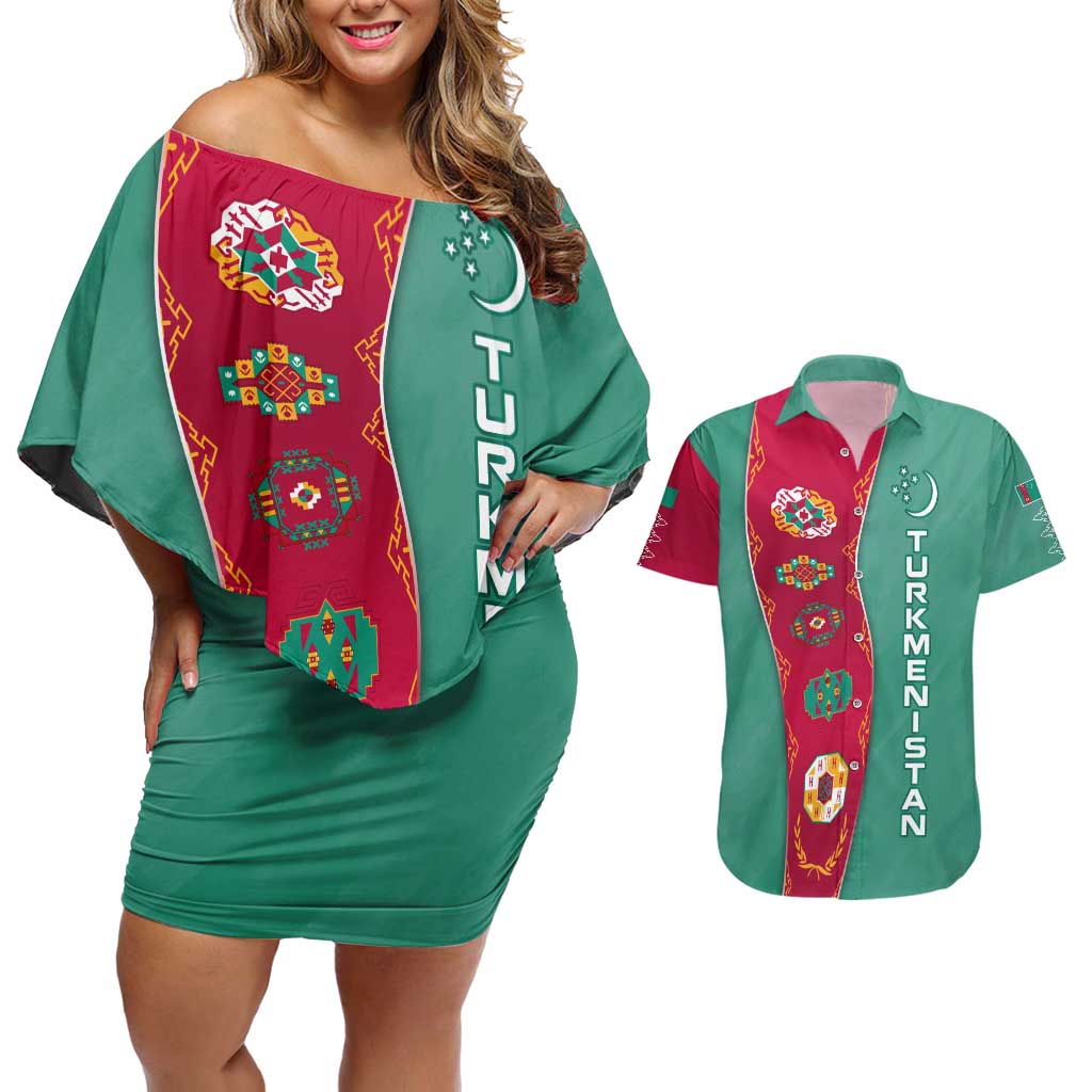 Turkmenistan National Symbols Couples Matching Off Shoulder Short Dress and Hawaiian Shirt with Crescent Moon, Stars, and Traditional Carpet Pattern Design