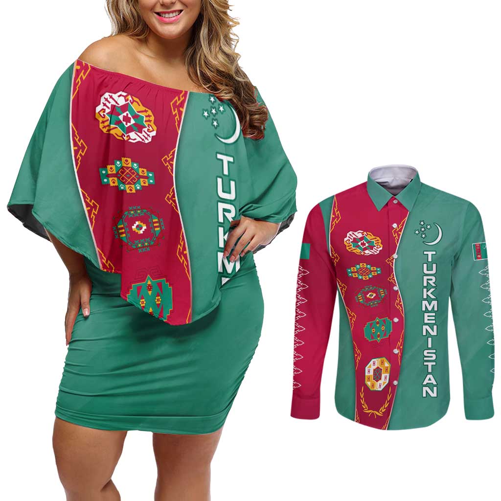 Turkmenistan National Symbols Couples Matching Off Shoulder Short Dress and Long Sleeve Button Shirt with Crescent Moon, Stars, and Traditional Carpet Pattern Design