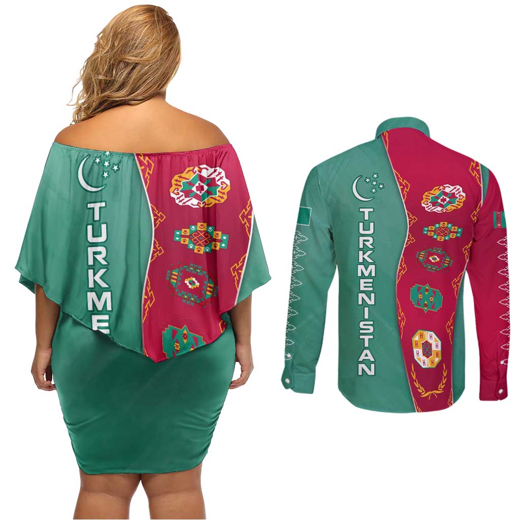 Turkmenistan National Symbols Couples Matching Off Shoulder Short Dress and Long Sleeve Button Shirt with Crescent Moon, Stars, and Traditional Carpet Pattern Design