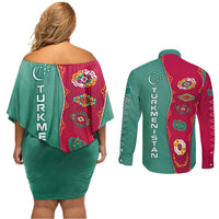 Turkmenistan National Symbols Couples Matching Off Shoulder Short Dress and Long Sleeve Button Shirt with Crescent Moon, Stars, and Traditional Carpet Pattern Design