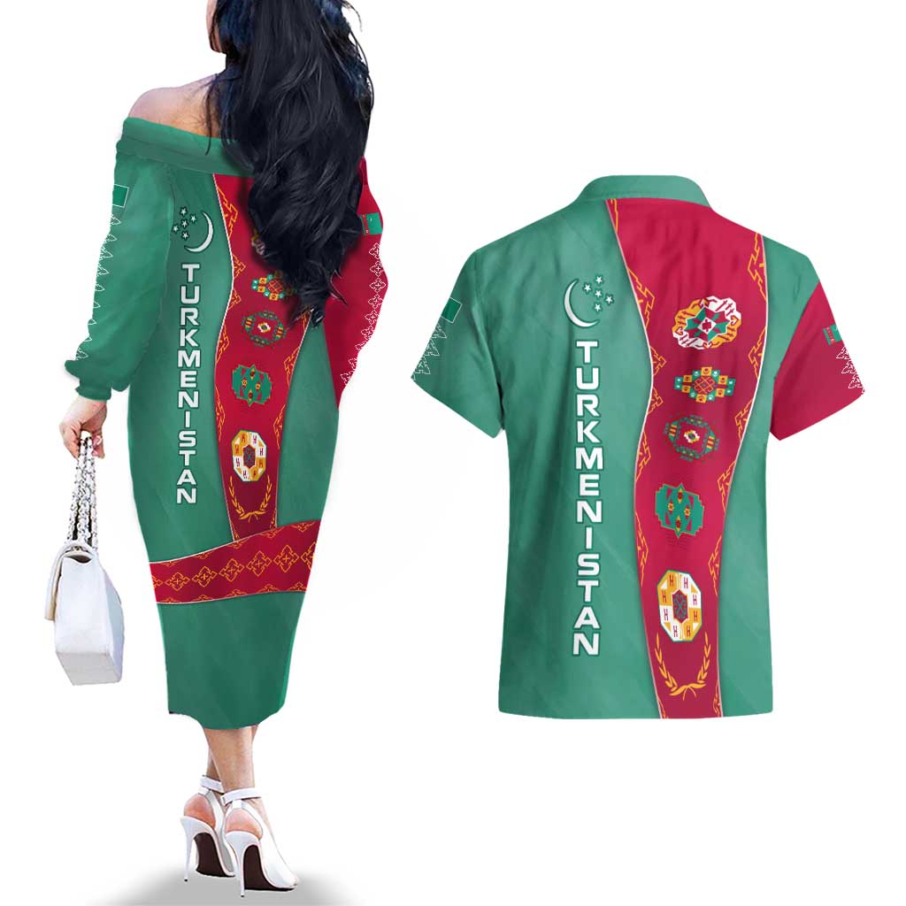 Turkmenistan National Symbols Couples Matching Off The Shoulder Long Sleeve Dress and Hawaiian Shirt with Crescent Moon, Stars, and Traditional Carpet Pattern Design