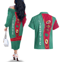 Turkmenistan National Symbols Couples Matching Off The Shoulder Long Sleeve Dress and Hawaiian Shirt with Crescent Moon, Stars, and Traditional Carpet Pattern Design