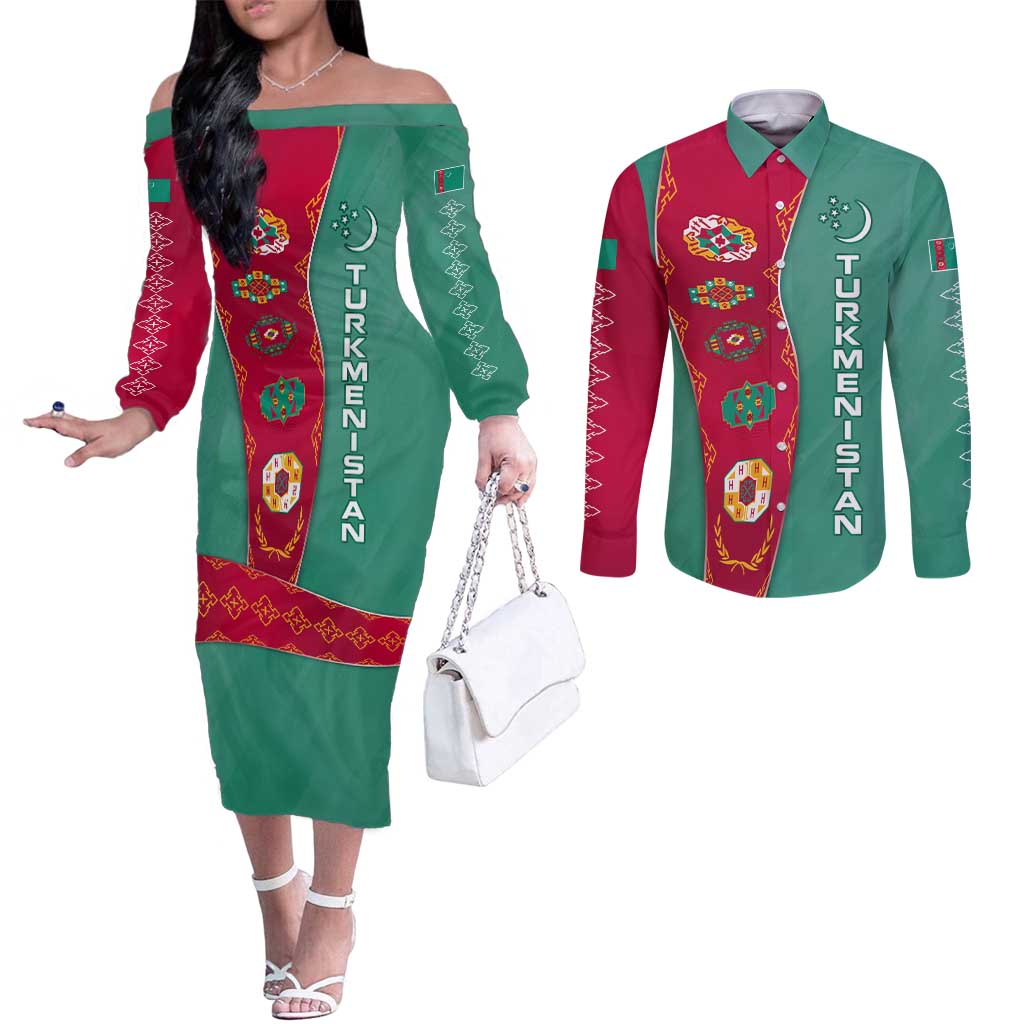 Turkmenistan National Symbols Couples Matching Off The Shoulder Long Sleeve Dress and Long Sleeve Button Shirt with Crescent Moon, Stars, and Traditional Carpet Pattern Design