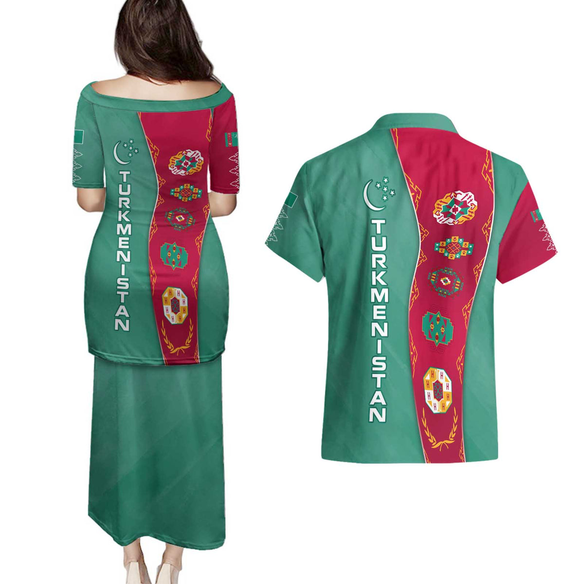 Turkmenistan National Symbols Couples Matching Puletasi and Hawaiian Shirt with Crescent Moon, Stars, and Traditional Carpet Pattern Design