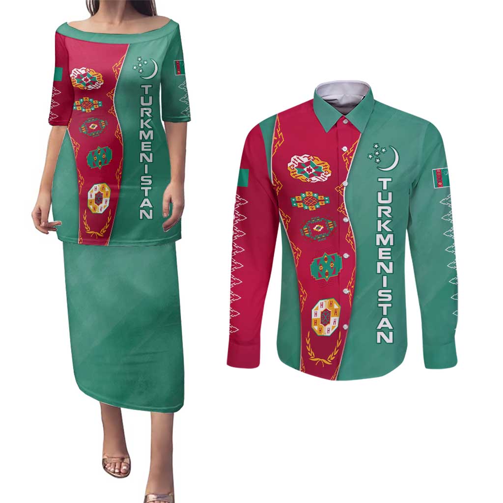Turkmenistan National Symbols Couples Matching Puletasi and Long Sleeve Button Shirt with Crescent Moon, Stars, and Traditional Carpet Pattern Design