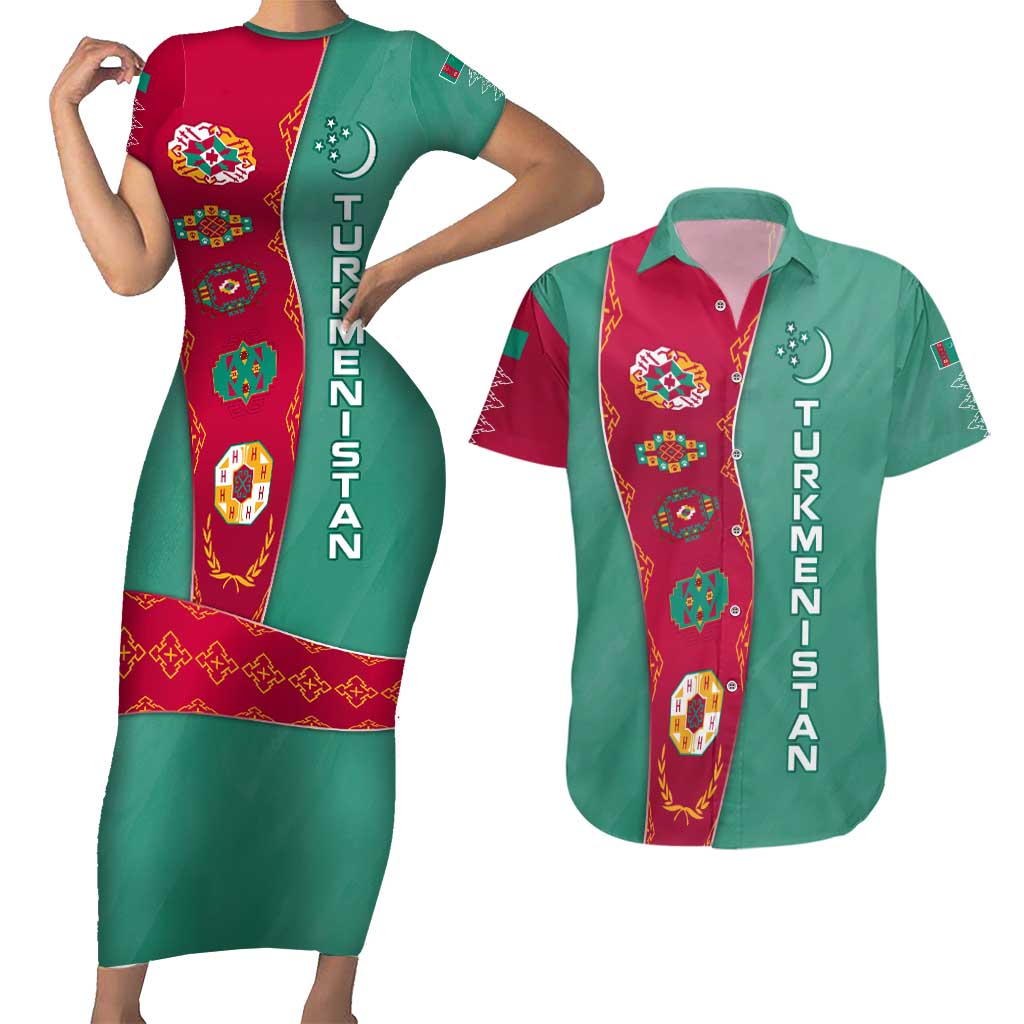 Turkmenistan National Symbols Couples Matching Short Sleeve Bodycon Dress and Hawaiian Shirt with Crescent Moon, Stars, and Traditional Carpet Pattern Design