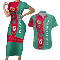 Turkmenistan National Symbols Couples Matching Short Sleeve Bodycon Dress and Hawaiian Shirt with Crescent Moon, Stars, and Traditional Carpet Pattern Design