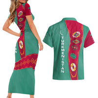 Turkmenistan National Symbols Couples Matching Short Sleeve Bodycon Dress and Hawaiian Shirt with Crescent Moon, Stars, and Traditional Carpet Pattern Design