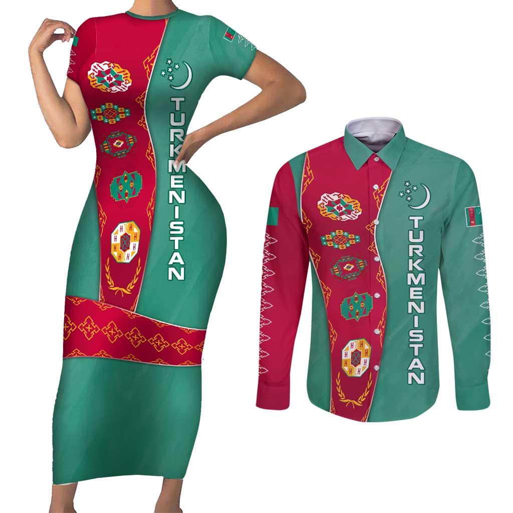 Turkmenistan National Symbols Couples Matching Short Sleeve Bodycon Dress and Long Sleeve Button Shirt with Crescent Moon, Stars, and Traditional Carpet Pattern Design