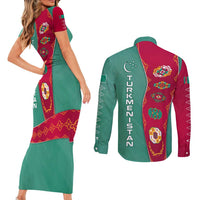 Turkmenistan National Symbols Couples Matching Short Sleeve Bodycon Dress and Long Sleeve Button Shirt with Crescent Moon, Stars, and Traditional Carpet Pattern Design