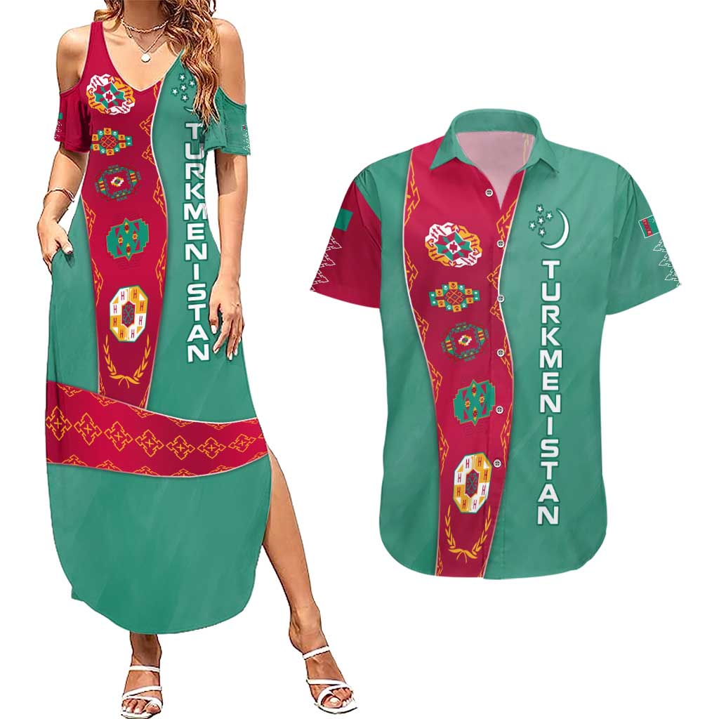 Turkmenistan National Symbols Couples Matching Summer Maxi Dress and Hawaiian Shirt with Crescent Moon, Stars, and Traditional Carpet Pattern Design